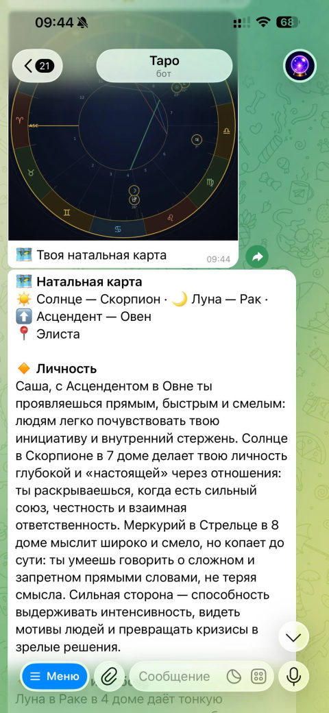 Пример натальной карты в боте